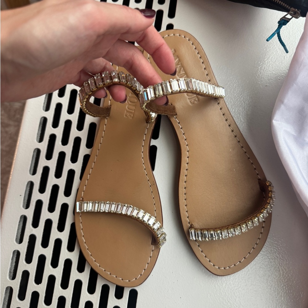 Mystique Boutique Tan Sandals with Crystal Embellishments